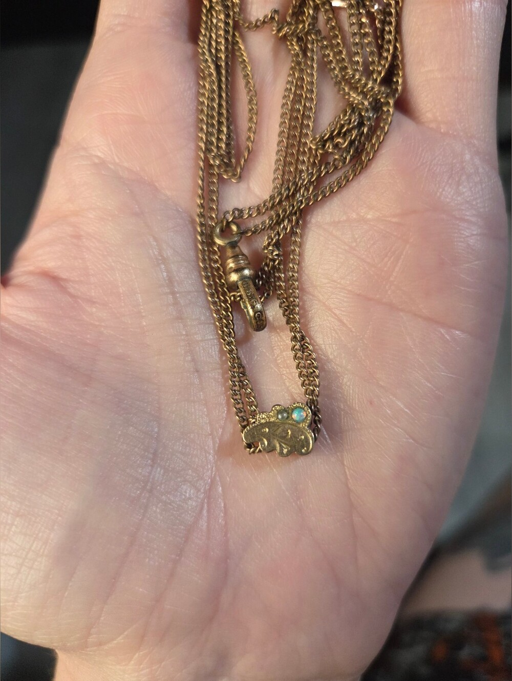 BSF Co Victorian Gold Pocket Watch Chain Slider Necklace 24" Opal Pearl Antique